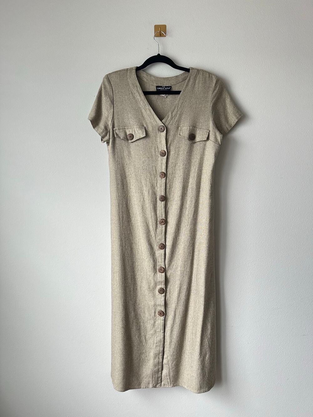 Vintage 90 Carol Little Button Front Midi Dress Beige 90s Minimalist Cottagecore